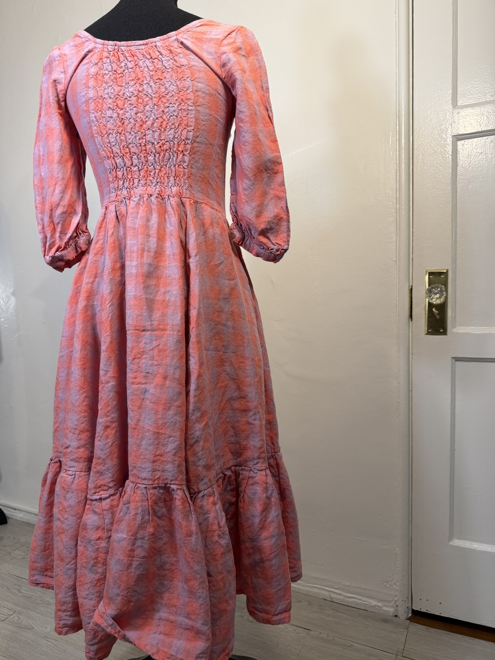 Women's Pink Gingham Check Midi Dress -3/4 Sleeved Ruffled Hem - Picture 8 of 11